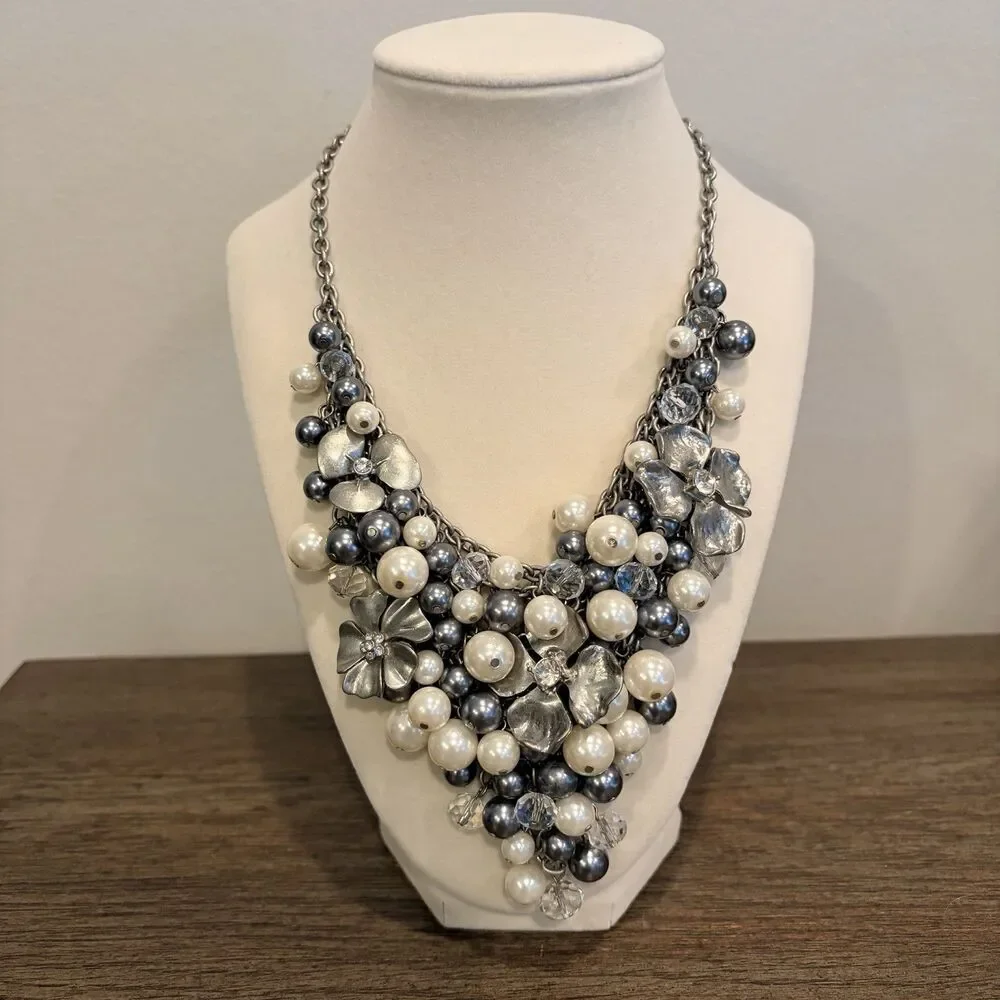 Vintage Vince Camuto Floral Pearl Cluster Statement Bib Necklace Gunmetal